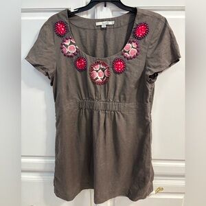 BODEN 100% Linen Brown Pink Beaded Boho Top Tunic Blouse Women’s Size 10